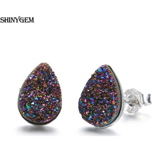 ShinyGem Small Charm 6*9mm Water Drop Shape Natural Crystal Druzy Stud Earrings 925 Sliver Geode Gem Stone Earring For Women Gir