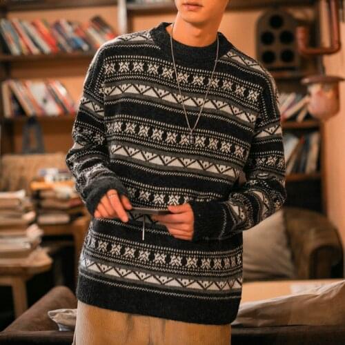 Sweater winter mens new thick and warm mens round neck sweater jacquard loose sweater men clothing 2020 korean fashion