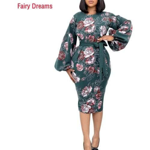 Womens Clothing Autumn Lantern Sleeve Formal Hip Skirt Printing Plus Size European and American Dress Fashion Africa Dresses