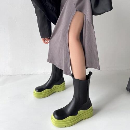 SKLFGXZY 2021 New Autumn Green Thick Sole Ankle Boots Woman Round Toe Leather Lace Up Chelsea Boots Woman Motorcycle Boots Woman