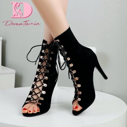 DoraTasia Plus Size 33-46 Ladies Gladiator Sandals Fashion Flock Thin High Heels Summer Sandals Women Elegant Sexy Shoes Woman