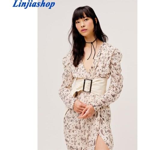 Summer Dress Women Vintage Print Sexy Slits Dress Long Sleeve V Neck Asymmetric Midi Party Dress Fashion Robe Femme