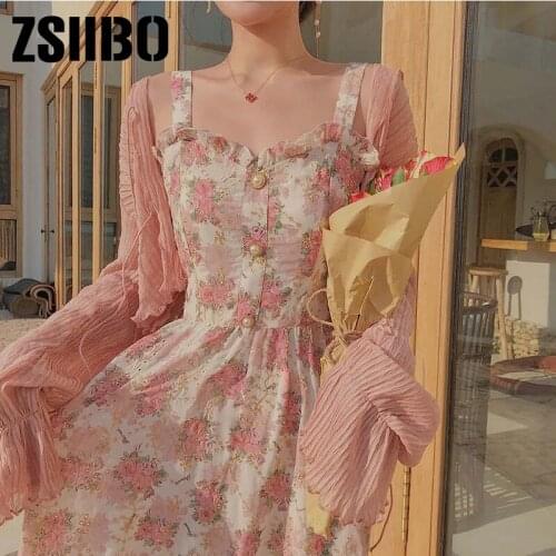 Women Elegant Pink Dress Puff Sleeve Beach Floral Dresses Female Party Korean style clothes vintage vero brandy accessory robe