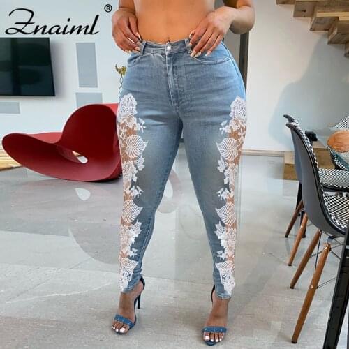 Znaiml Lace Embroidery Patchwort Jeans For Women Elastic Stretch Jeans Female Mid Waist Denim Skinny Street Pencil Pants Trouser