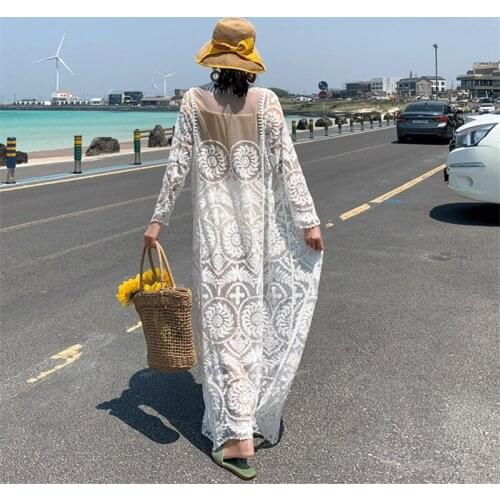 2021 Shawl Beach White Lace New Summer Sun Protection Clothing Women Long Sleeve Sexy Cardigan See Through Boho Bikini Cover-ups