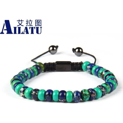 Ailatu Brand Wholesale Natural Green & Sea Sediment Stone Flat Bead Yogo Macrame Bracelet 4x6mm 10pcs/lot Stainless Steel