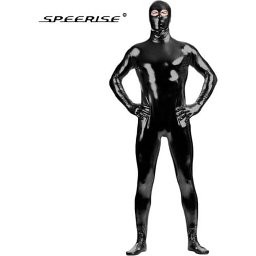 Adult Eyes Open Black Zentai Black Shiny Metallic Catsuit Costume Spandex Zentai Unique Full Body Suit