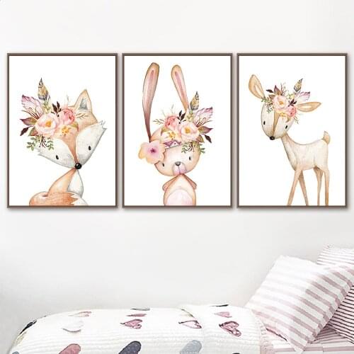 Flower Rabbit Fox Deer Cartoon Lovely Canvas Painting Wall Poster Artistic Picture Living Room Decoration Interior Home Decor