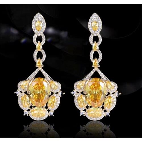 Elegant Flower Drop Earrings Shine Pink Yellow Cubic Zirconia Fashion Design Long Earring for Women Wedding Party Jewelry Gift
