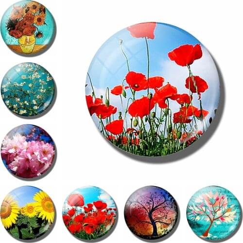 Art Painting Glass Round Retro Flower Pattern Print Refrigerator Sticker Fridge Magnet Life Tree Poppy Flower Message Holder