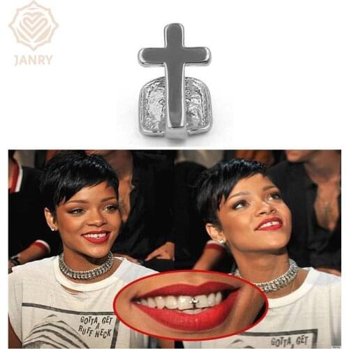 JANRY Single Cross Teeth Grillz Yellow Gold Color Plated Canine One Tooth Grills Upper Hip Hop Top Fangs Hollow Grill For Men
