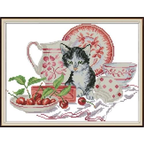 Joy Sunday New arrival Cat And Porcelain Needlework DMC DIY Handmade 11&14CT Cross Stitch Set For Embroidery kit Gift room decor