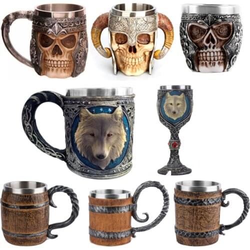 3D Wolf King Head Pattern Mug Retro Resin Stainless Steel Coffee Tea Cup 15oz Stainless Steel Tankard Halloween Cup Tea Drink