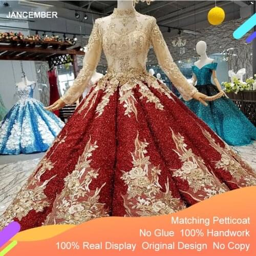 LS41108 shiny burgundy evening dress 2018 long sleeve high neck golden flowers wine red ball gown muslim women occasion dresses