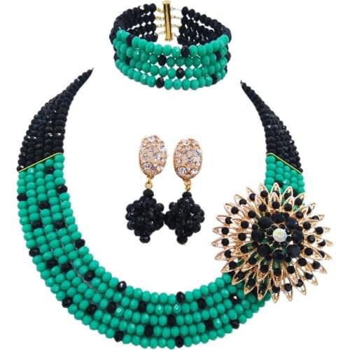 Fashion Black Cyan Green Costume Statement Necklace African Wedding Beads Nigerian Jewelry Beds Set 5L-ZJ020