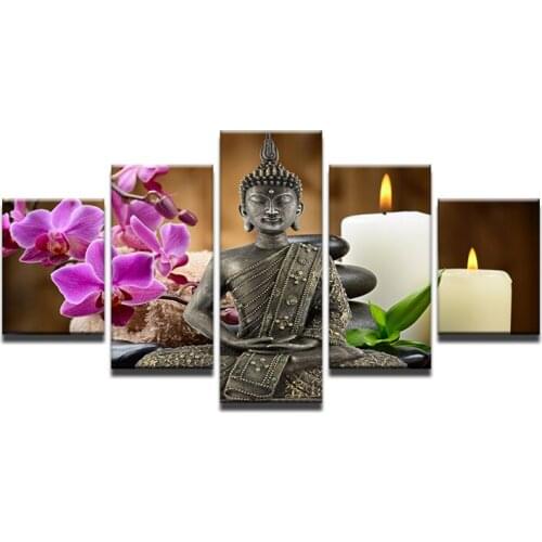 Modular Painting Wall Art Pictures Canvas Poster 5 Panel Buddha Statue Buddhism Flower Art Landscape Home Decor HD Printed