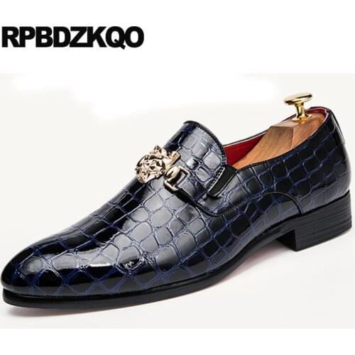 Patent leather crocodile alligator snakeskin metal men blue dress shoes prom office black hot sale pointed toe snake wedding
