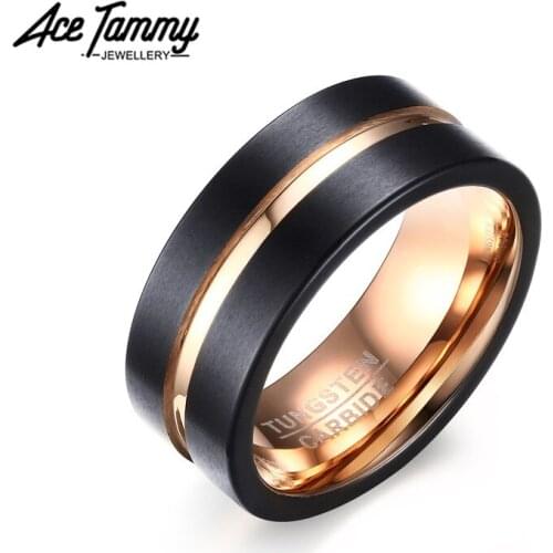 8mm Mens Black Tungsten Carbide Ring with Rose Gold Thin Line Classic Wedding Engagement Bands for Couple
