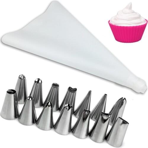 New Silicone Icing Piping Cream Pastry Bag + 14PC Stainless Steel Nozzle Tips DIY Cake Decorating Cake Tools Kitchen Accessories