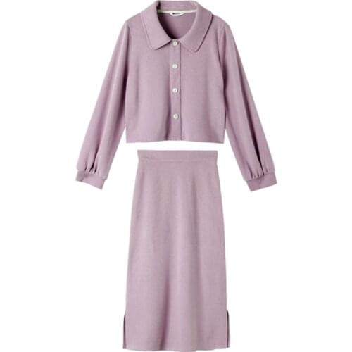PERHAPS U Women Set Turn Down Collar Two Pieces Set Knitted Skirt Midi Skirt Long Sleeve Violet T0388