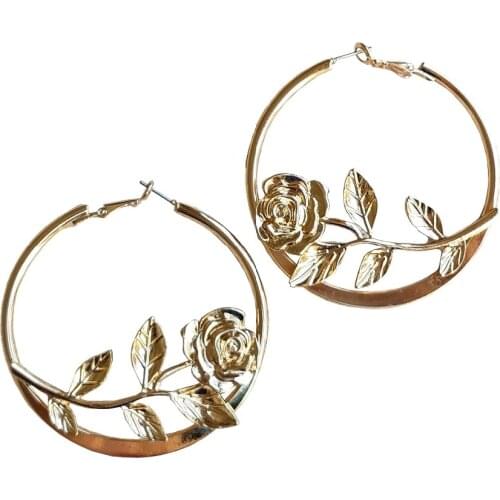 Baixo-Relevo Rosa Earrings Gold Color Alloy Big Flower Rose Circle Personality Hoop Earrings Jewelry For women Gift Hot Sale