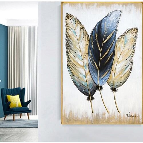 Nordic Abstract Golden Feather Art Oil on Canvas Painting Posters and Prints Wall Art Picture for Living Room Home Decoration