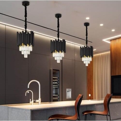 Modern Black Crystal Chandelier Luxury Round Hanging Light Fixture for Dining Room Creative Chain Design LED Cristal Luminaire