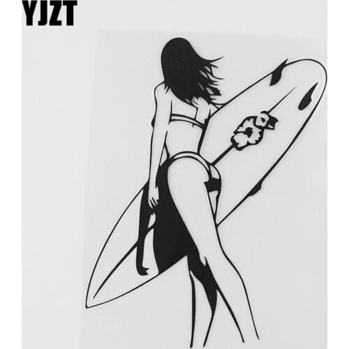 YJZT 11.9CMX14.9CM Sexy Beach girl Surfing Decal Vinyl Car Sticker Black/Silver 8A-0823