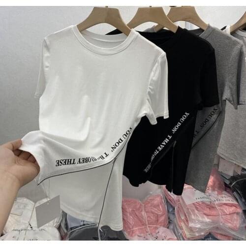 White Side Zipper Short-Sleeved T-shirt Women 2021 Round Neck Summer Letter Thread Cotton Stretch Slim Design Top