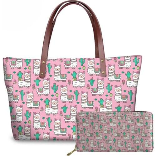 NOISYDESIGNS Sweet Pink Alpaca Printing Handbags&Wallets Women 2pcs/set Hand Bag Ladies Shoulder Messenger Bags for Female Bolsa