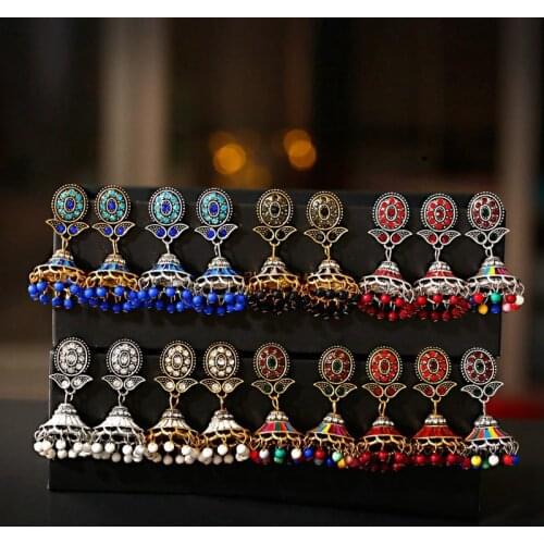Indian Earrings For Women Jhumka Corful Beads Tassel Bells Earrings Craved Flower Afghan Egypt Gypsy Turk Ethnic Jewelry