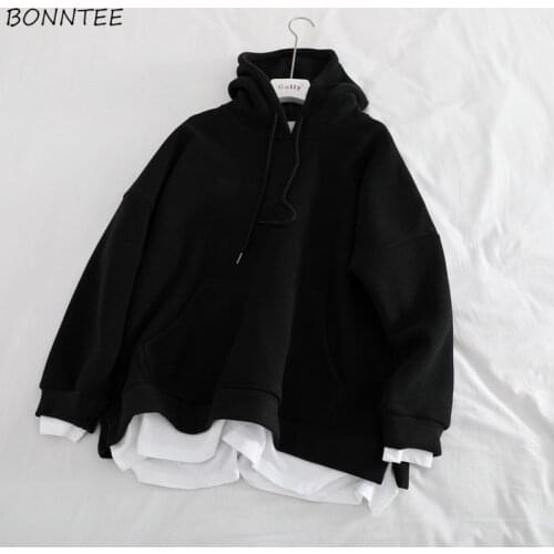 Women with Hat Hoodies Fake 2 Piece Loose Long Sleeve Patchwork Lazy All-match Stylish Lady Sweatshirts Ins Thicker Plus Velvet