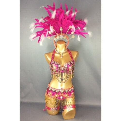 Free shipping hot selling Sexy Samba Rio Carnival Costume new belly dance costume with hot pink Feather Head piece