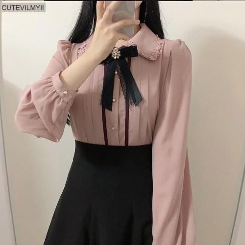 2021 Spring Women Cute Bow Ribbon Tops Preppy Style Vintage Japan Korea Design Button Elegant Formal Shirts Blouses Pink White