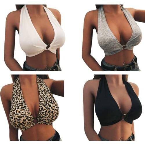 Womens Sexy Plunging Deep V-Neck Bralette Halter Wide Strap Leopard Backless Crop Top Metal Ring Ruched Push Up Bustier Clubwear