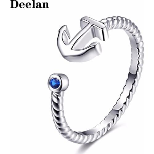 DEELAN Fashion Rings For Women Blue Crystal Anchor Ring Jewelry Girl Silver Plated Adjustable Party Valentines Bague Gift