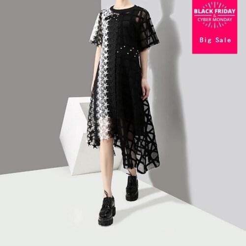 Europe station 2018 summer fashion brand new women lace patchwork irregular dress female sexy short sleeve high street dressL736