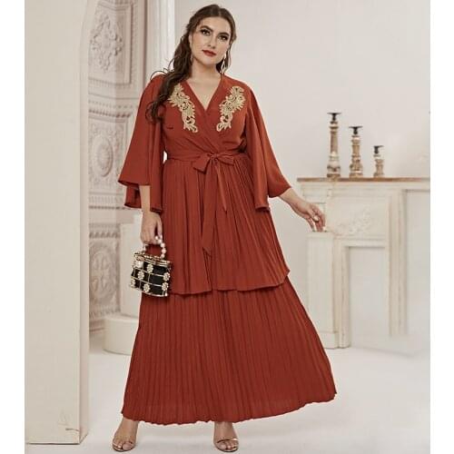 Summer Autumn Long Dress Women Embroidery Dress Three Quarter Sleeve Large Plus Size Pleated Ankle-Length Dress