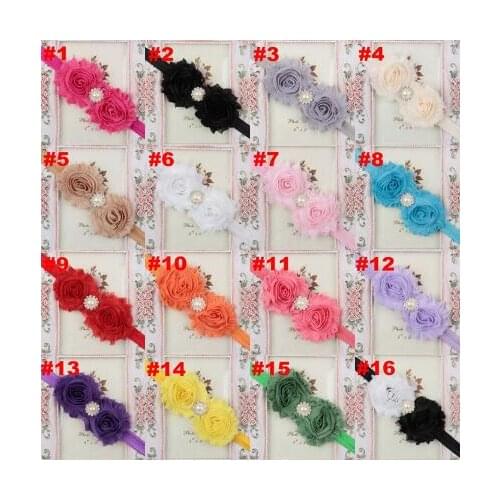 10pcs Pearl Rhinestone Button Headband Elastic Hairband Baby Girls Double Shabby Flowers Headbands Kids Baby Hair Accessories