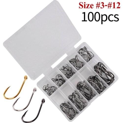 100Pc/Box High Carbon Steel Black/Gold/Silver Fishing Hooks Carp Fishing Bait 10 Mixed Size 3#-12# Fishing Hook Set Kit Fishhook