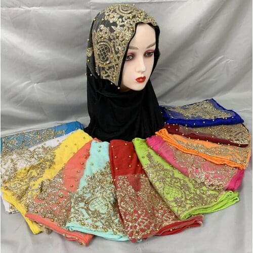 12/pcs African Women Nigeria Dubai Scarf Cotton Beads Embroidery Dubai Islamic Musulman Women Scarves for Shawls