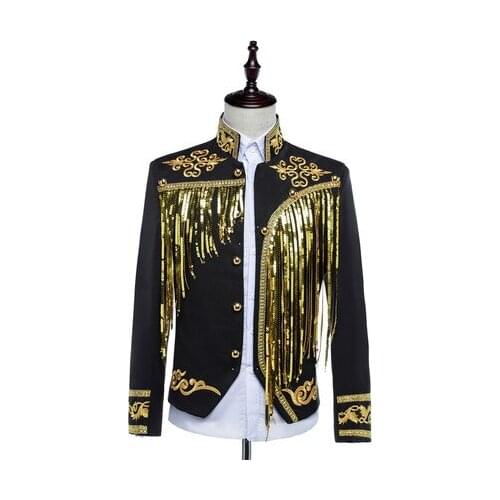 Free ship mens bling black/white sequined golden/silver embroidery/stage performance short tuxedo jacket