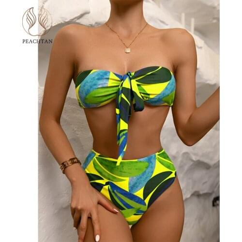 Peachtan Leaf print bikini 2021 High waist womens swimsuit Bandeau swimwear female Off-shoulder bathing suit Sexy beach wear
