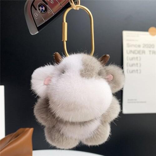 Womens Mink Fur Keychain Soft Toy Cute Small Cattle Bag Charms Ornaments Car Key Metal Ring Pendant Girl Trinket Gift Keyring