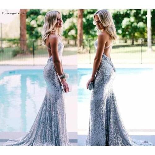 Long Sequined Evening Dresses 2019 Mermaid Spaghetti Straps Backless Graduation Holiday Wear Formal Party Prom Gowns Plus Size