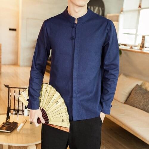 Cotton Linen Mandarin Collar Tang Suits Mens Black Blouse Chinese Style Vintage Ethnic Clothes Flax Large Size Blue Buckle Shirt