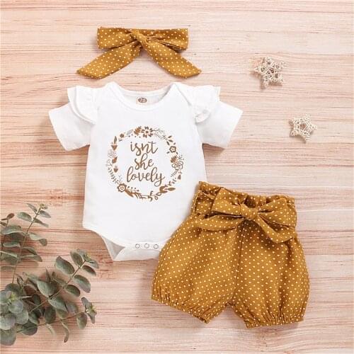 2021 Fashion Newborn Toddler Baby Girls Clothes Sets Dots Print Short Sleeve Romper Tops Bow Shorts Headband 3pcs Outfit Set