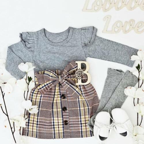 PUDCOCO Fashion 2PCS Kids Baby Girl Clothes Long Sleeve T-shirt Tops+Bowknot Plaids Skirt Outfits 0-5T