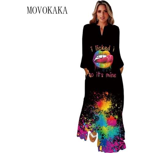 MOVOKAKA Autumn 3D Mouth Print Black Dress 2021 Long Sleeve Elegant Casual Plus Size Long Dresses Woman Girls V-nenk Dress Women