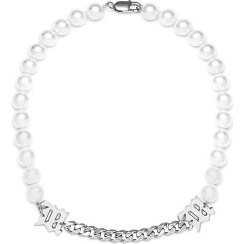 Stainless Steel Old English Letter M Pearl Women Men Fashion Neckalce Jewelry Gift For Him